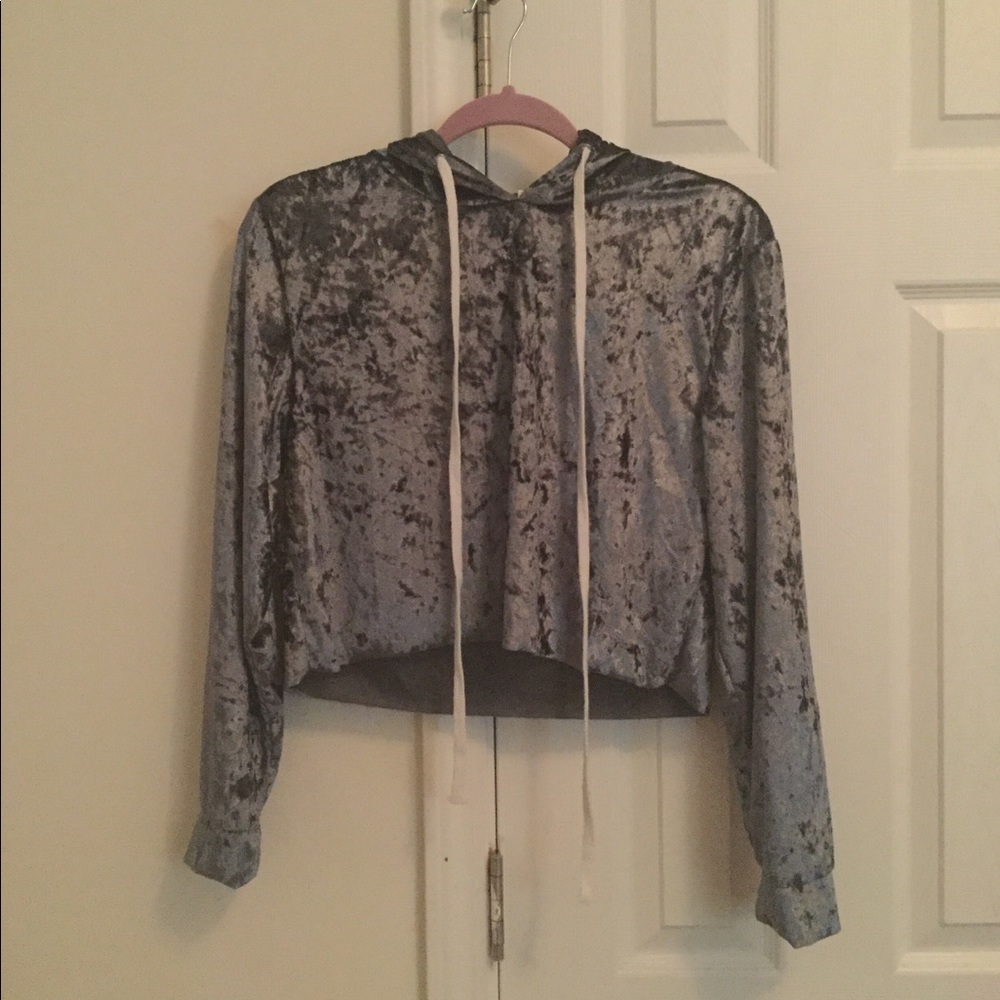 Blue Crushed Velvet Cropped Hoodie